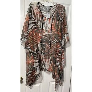 Catherines Womens Swim Coverup One Size Tie Neck Sheer Leaf Motif Beach Vacation